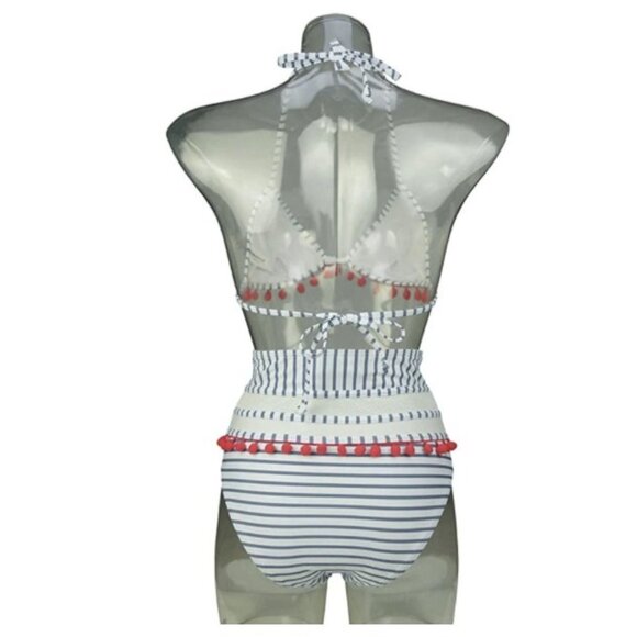 Cocoship Pom Pom Trim Striped High Waist Bikini Set White Light Slate Blue 8 New - Picture 5 of 11